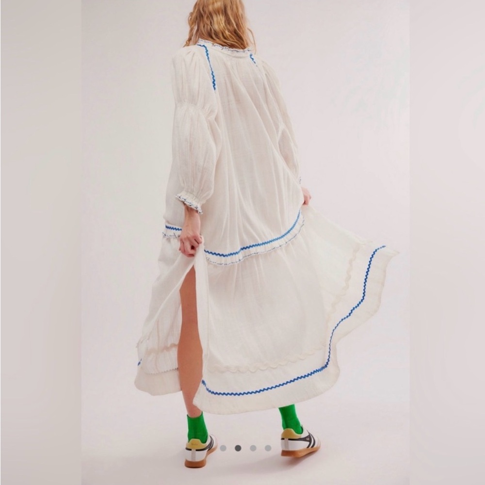Free People White Midi Dress with Blue Trim - Picture 4 of 7